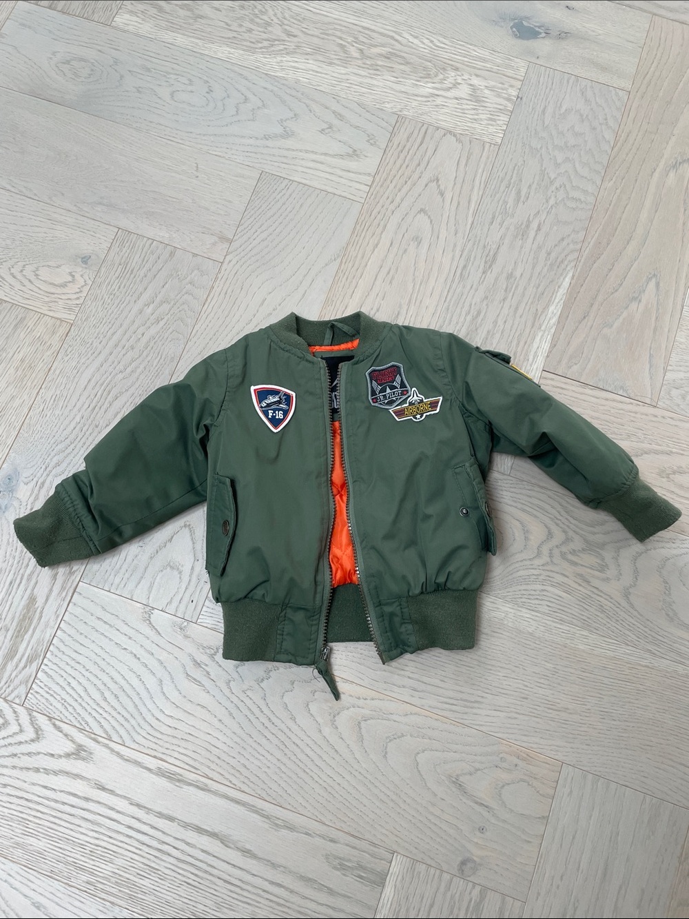 Kids Olive Green Bomber Jacket with Orange Lining